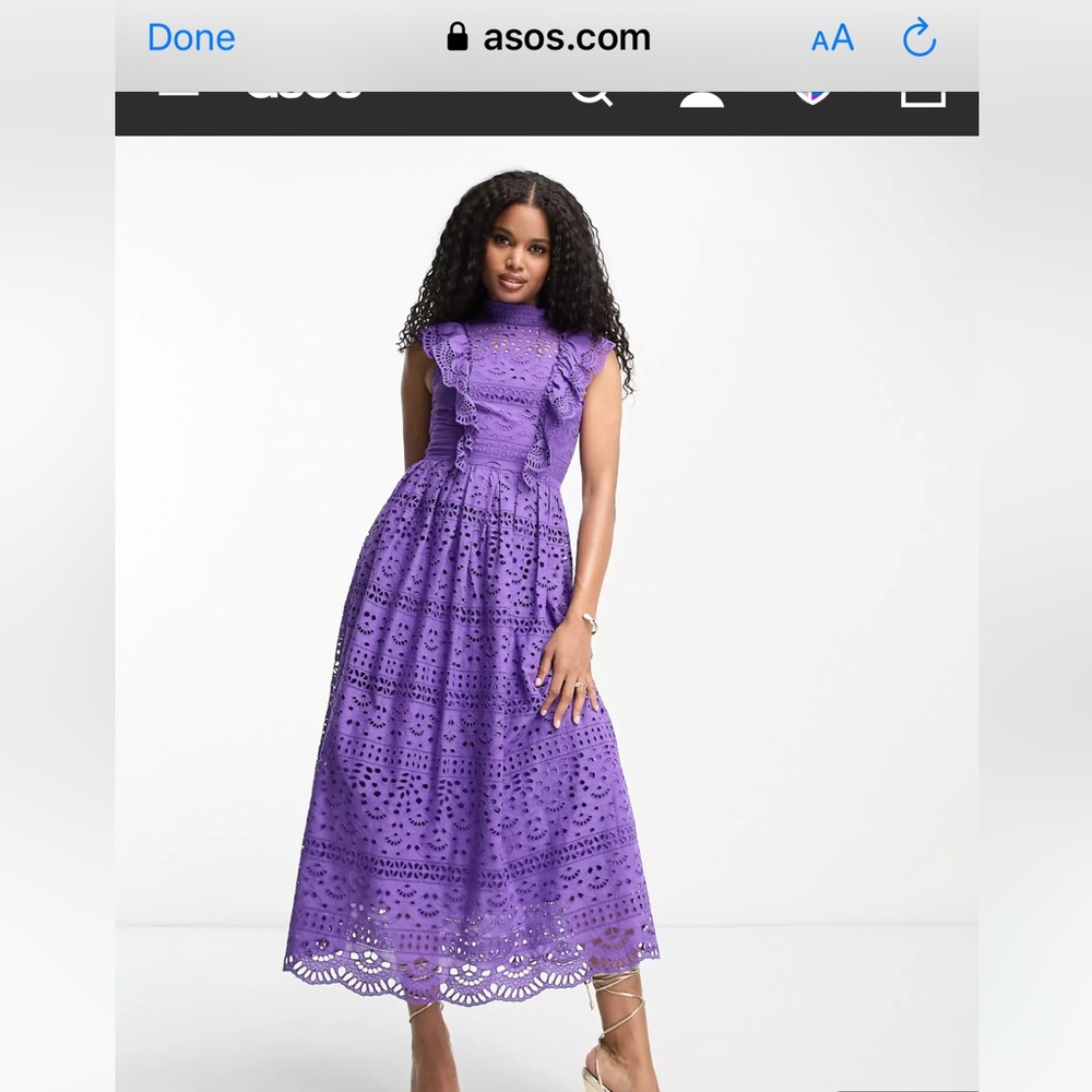 Asos DESIGN Lace midi dress with bow back detail in purple.
